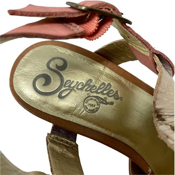 Seychelles Womens Sandal Stacked Heels Shoes Gold Pink Leather Cut Out Buckle 6 - Picture 7 of 10